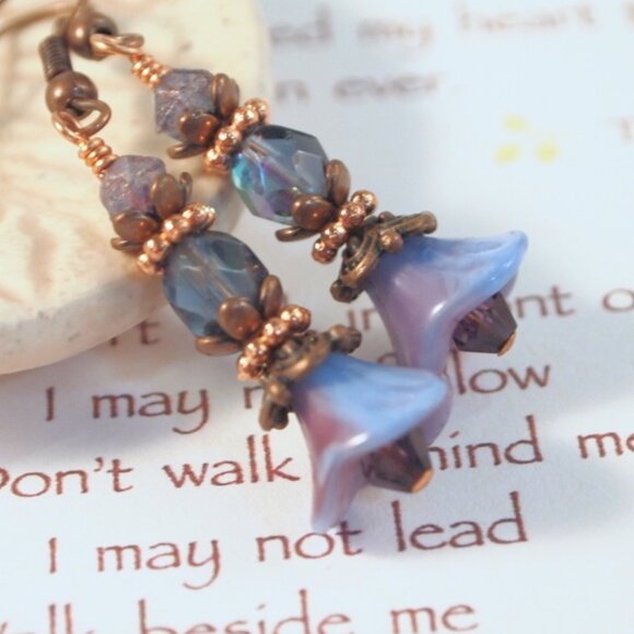 Copper Floral Earrings Boho Chic Czech Earrings  Pierced or Clip-on Earrings - Picture 4 of 10